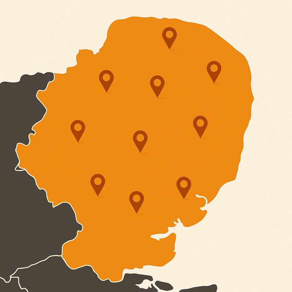 Map of East Anglia with orange location markers showing Poultec’s apprenticeship training service areas.